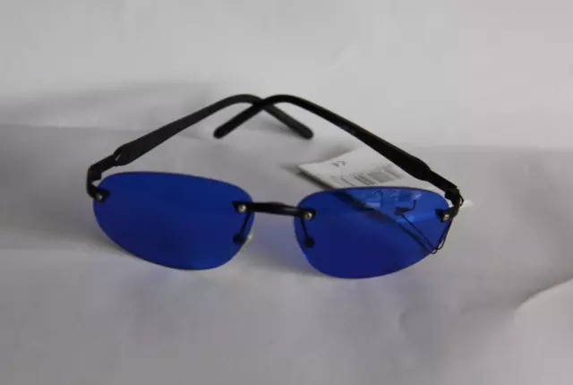 Farb Brille Sonnenbrille  Gläser Blau Rahmenlos Bügel Aus Metall Schwarz