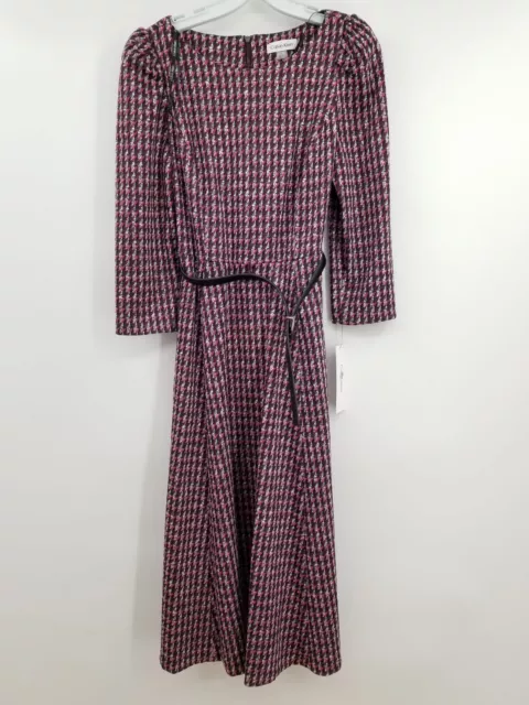 NWT Calvin Klein Women's Multicolor Houndstooth Belted Midi A Line Dress Size 6