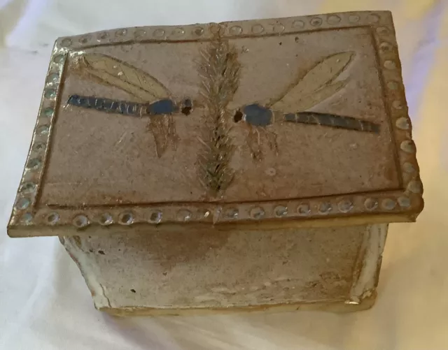 Studio Pottery Lidded Trinket Box with Dragonfly Design Initialled BR