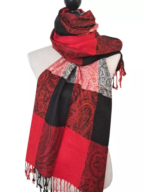 Schal Pashmina Stil Paisley  70x185cm rot schwarz weiß Fransen Maschinenwäsche