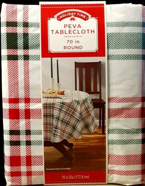 Holiday Time PEVA Tablecloth Red White Green Plaid 70 Inches Round NIB