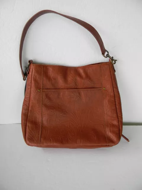 American Leather Co. Austin Tan Tooled Leather Shoulder Bag W/Side Zip Detail