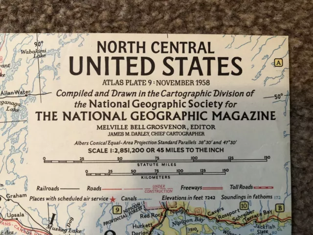 Vintage 1958 National Geographic Map Of North Central United States Of America