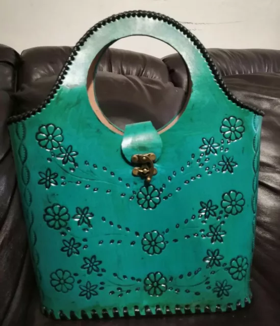 100%new genuine mexican latigo leather HandTooled  purse turquoise with flowers