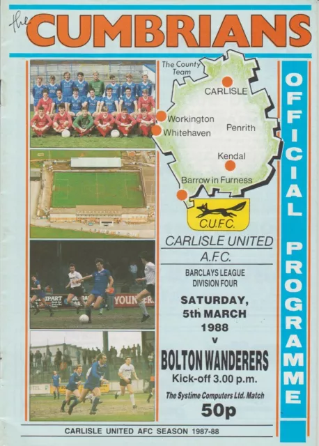 Carlisle United V Bolton Wanderers 5-3-1988 Division 4 Match Programme 87/88