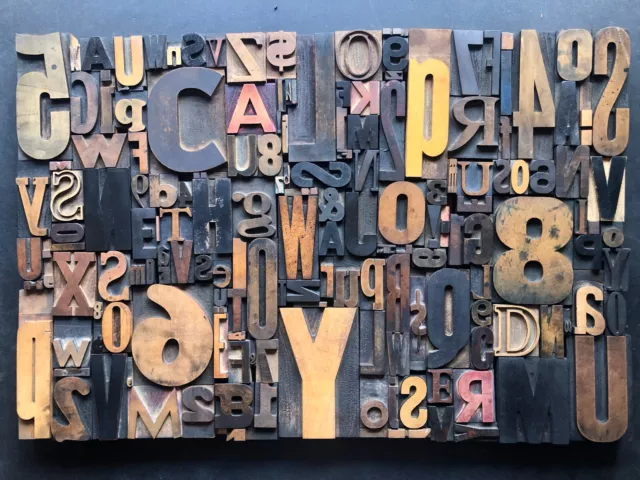 Giant Antique Letterpress Printer WOOD TYPE Mix 164 Pieces Full Alphabet Numbers