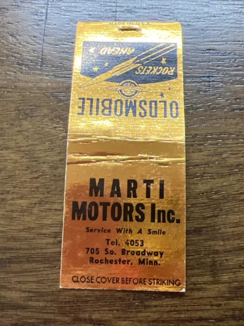 Rochester Minnesota MARTI MOTORS Advertise Matchbook OLDSMOBILE Auto Olds