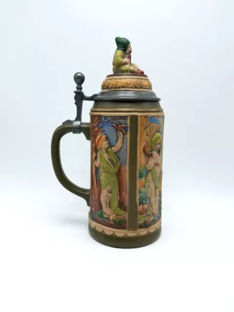 Handpainted German Gerzit Lidded Beer Stein 4 Picture Panels