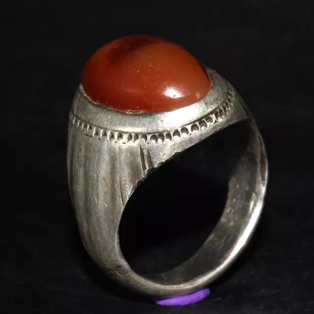 Authentic Old Near Eastern Silver Hakik Carnelian Ring with Decorated Bezel