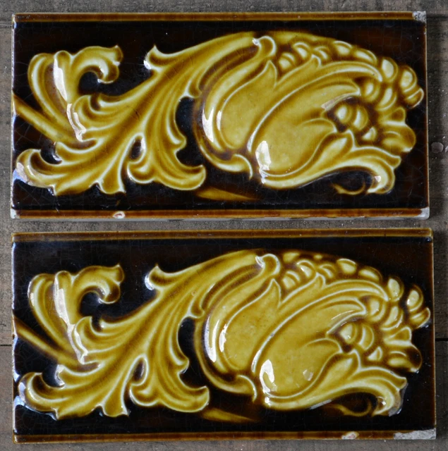 England - 2 Antique Art Nouveau Majolica Border Tiles C1900