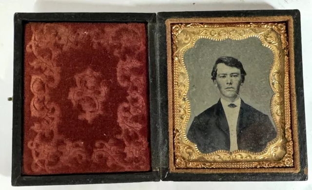 Antique 3" Tintype Young Man Boy Sweetheart Pocket Portrait Photograph in Case