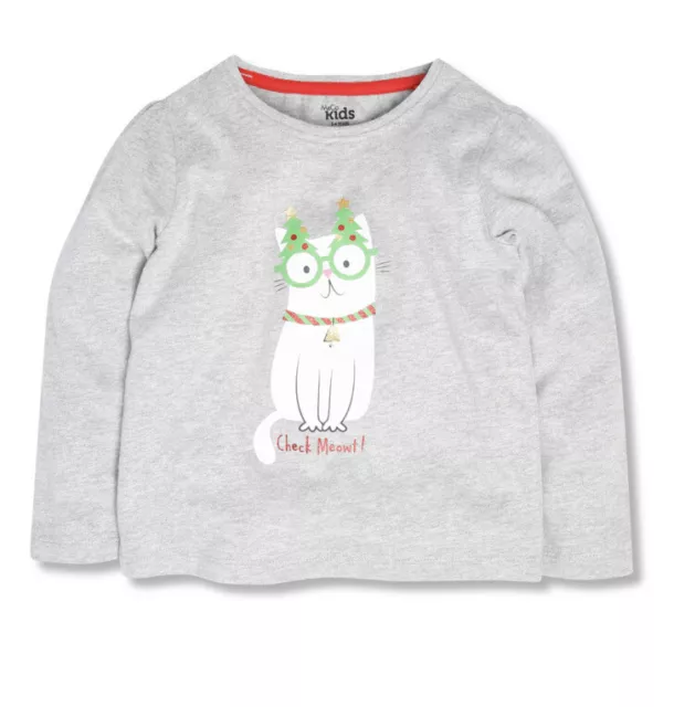Girls Grey Marl Christmas Cat Long Sleeve T-shirt “Check Meowt” Age 2-3 yrs BNWT
