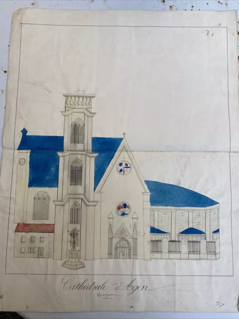 Grand Dessin Plan Relevé De La Cathédrale D’Agen Lot et Garonne Vers 1850 2