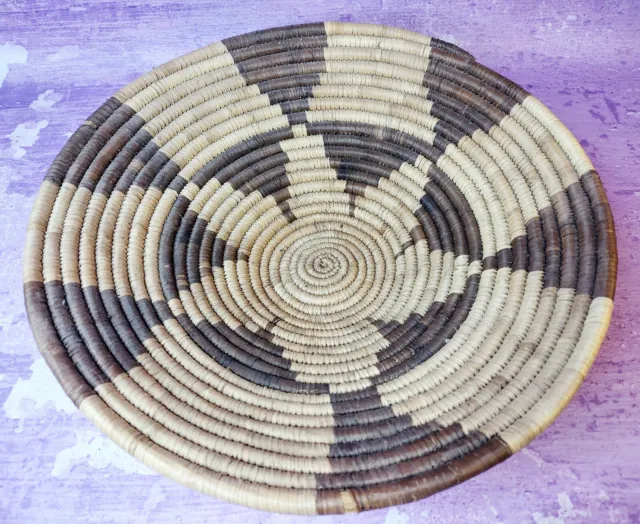 Native African Tribal Hand Woven Coil Basket Bowl Flower Vintage 13.5 Inch