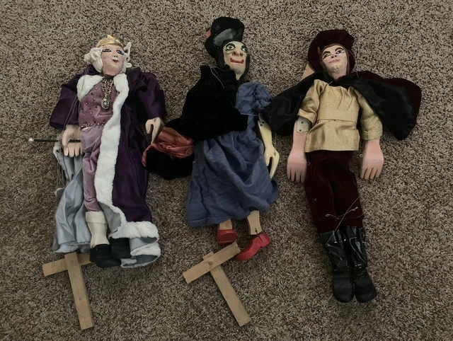 Marionette Puppets Wood Paper Mache Folk Art Dolls 18” Strings Tangled Set 3