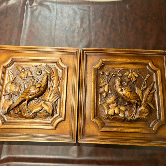 PAIR Wood Carved Bird Panels