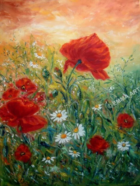 ACEO print MEADOW oil painting EMMA flowers poppies chamomiles sunset miniature