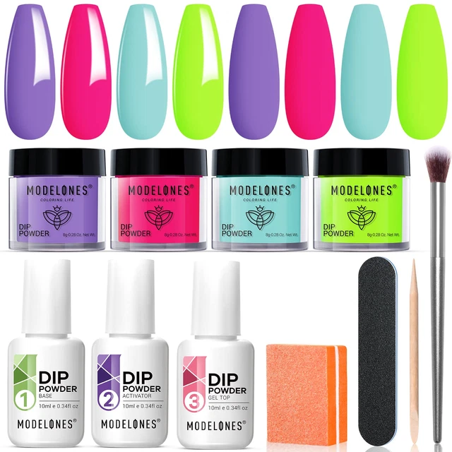11 piezas kit de inicio de uñas en polvo de inmersión, 4 colores rosa intenso púrpura como nuevo verde fluoresco