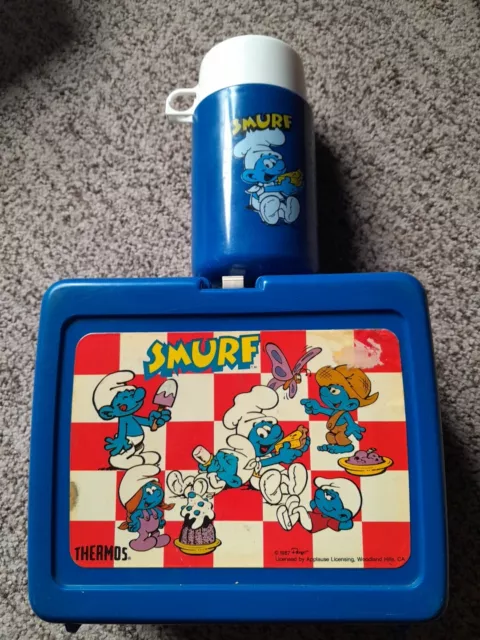Vintage 1980's Smurf Thermos Brand Blue Plastic Lunch Box With Thermos