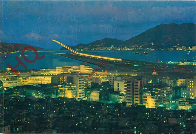 Postcard>>HONG KONG KAI TAK AIRPORT, AT NIGHT WITH ITS MODERN RUNWAY ILLUMINATED
