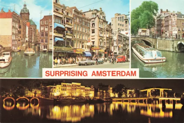 Amsterdam Netherlands, Canals, Street View, Skyline at Night, Vintage Postcard
