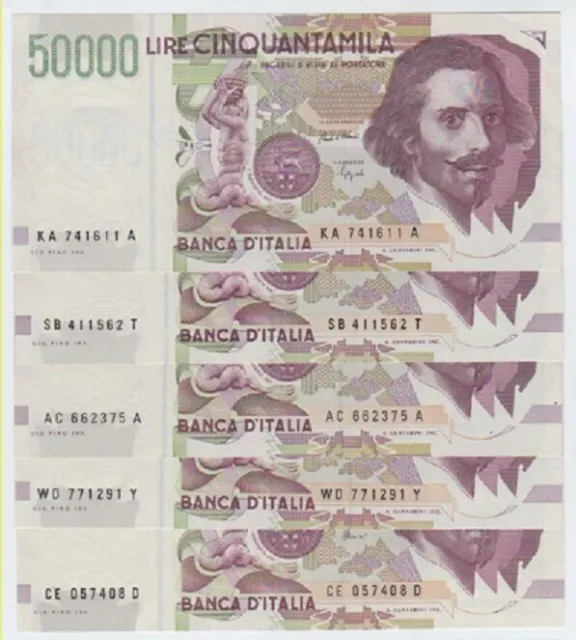 REPUBBLICA ITALIANA - Lotto di 5 Banconote FDS (50000 Lire Bernini II A-B-C-D-E)