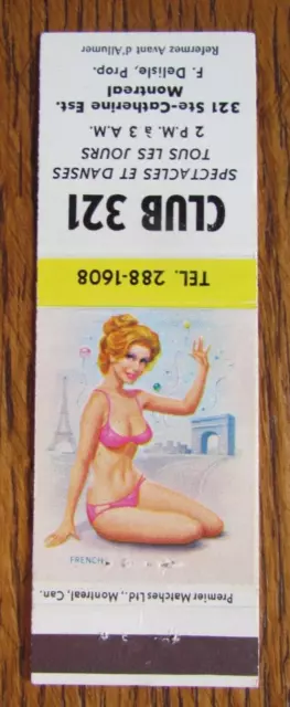 Gentlemen's Strip Club Matchbook Cover: Club 321 Montreal, Quebec Matchcover D23