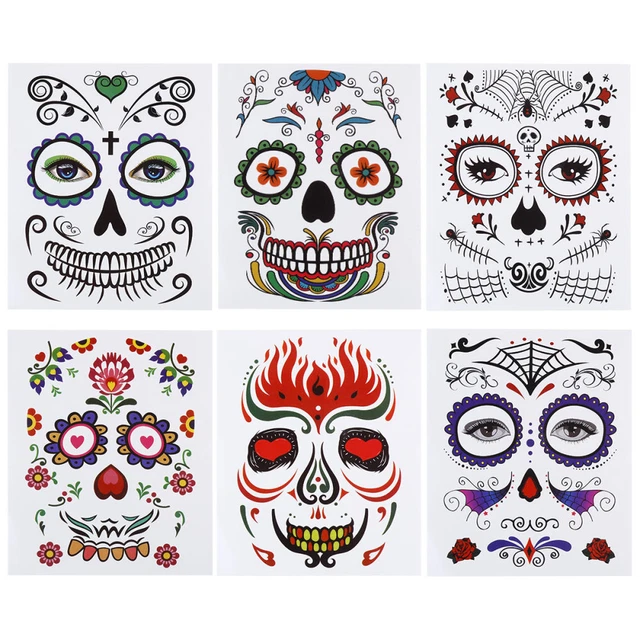 6 Pcs Fake Tattoos Adult Face Halloween Sticker Skull Child Disposable