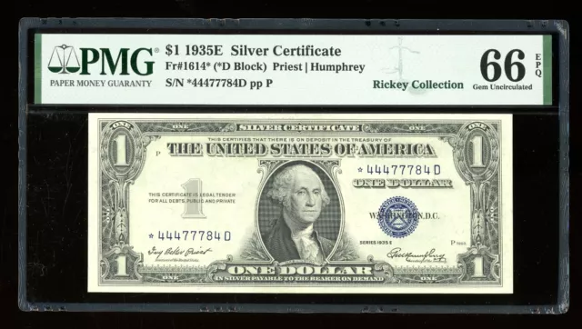 DBR 1935-E Silver STAR Gem Fr. 1614* PMG 66 EPQ Serial *44477784D