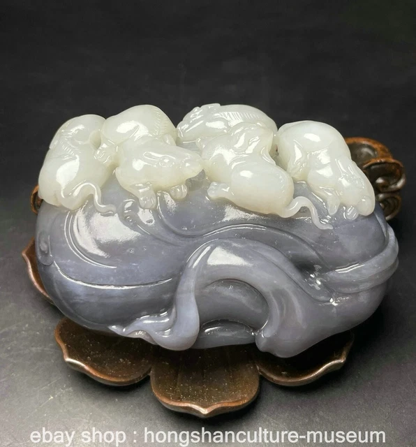 3.4" Chinese Hetian Jade Nephrite Carved Fengshui 5 Mouse Wealth Statue