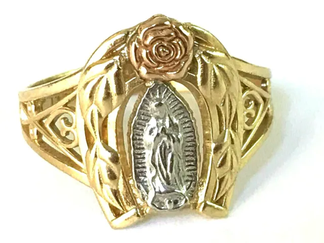 GOLD 14k Ring Virgin Mary Lady Guadalupe Rose White Yellow size 9 ask 8 6 7 10