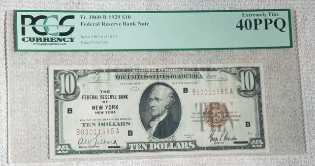 1929 $10 Federal Reserve Bank Note New York FRBN FR 1860B PCGS EXTRA FINE 40 PPQ