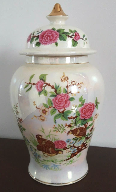 Vintage Sadler Ginger / Temple Jar with lid/cover, floral partridges design,