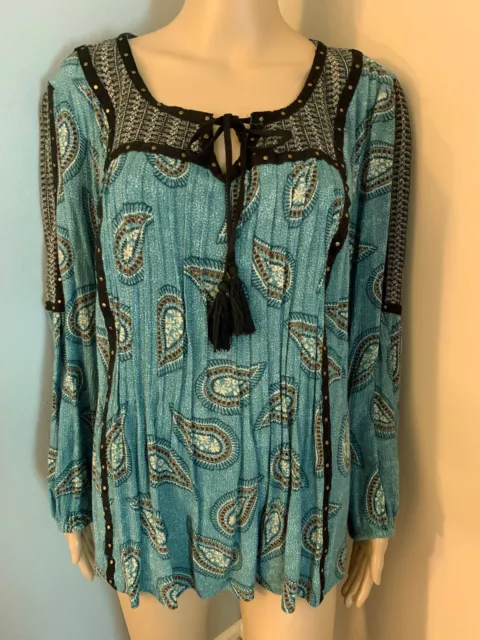 STYLE & CO Sz M Teal Blue Paisley Faux Suede Trim Pintucks PEASANT BLOUSE TOP LS