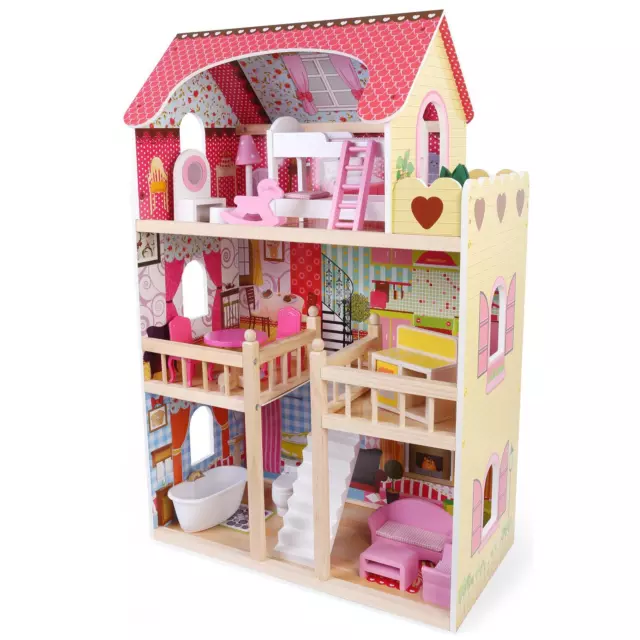 WOODEN DOLLS HOUSE Toy Kids 3 Storey Town Mansion + Furniture