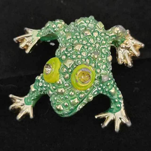 Silver Tone Studded Small Green Frog Brooch Pin 3D Eyes Gold Tone Feet