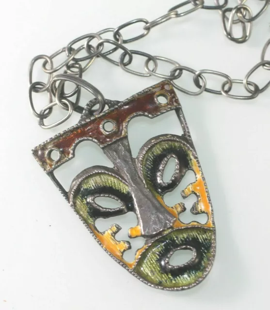Vintage Sterling and Enamel Theater Mask Comedy Tragedy Pendant Necklace ITALY