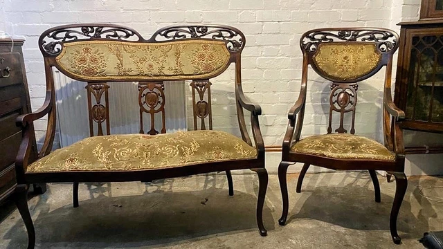 French Antique Mahogany Wood Art Nouveau Ornate Green Sofa & Chair