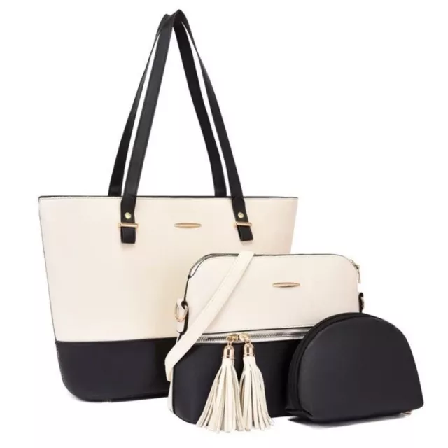 Sac à Main Femme bandouliere Ensemble 3 Pièces en Cuir PU noir beige