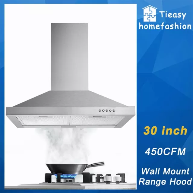 30 in Wall Mount Range Hood Stainless Steel Kitchen Vent 450CFM 3 Speed Control