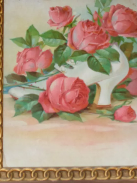 Antique Victorian Floral Pink Roses White Shoe Chromo Orig Print Frame Rare Old
