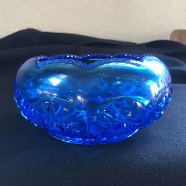 Vintage Blue Glass Crystal Cut Sunflower Pattern Scalloped Rim Unusual Bowl