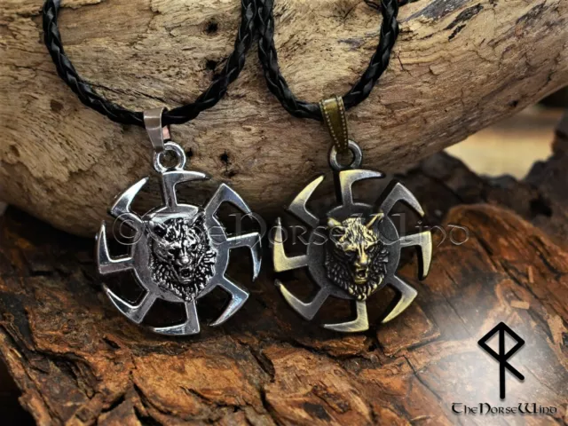 Viking Necklace Fenrir Wolf, Kolovrat Pendant Slavic Sun Wheel, Silver / Bronze