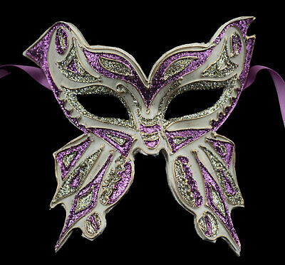 Mask from Venice Farfella White Purple Glitter Butterfly Paper Mache 1790