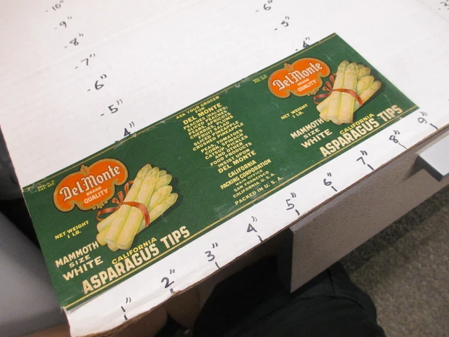 DEL MONTE California asparagus tips 1930s metal tin can food paper label 1lb