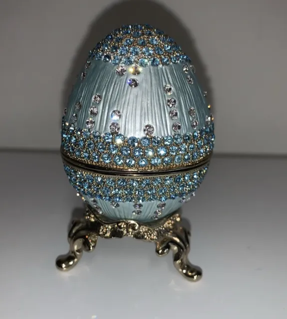 Swarovski Crystal Chandelier Blue Jeweled Egg Jewelry Trinket Box W/ Stand 3”