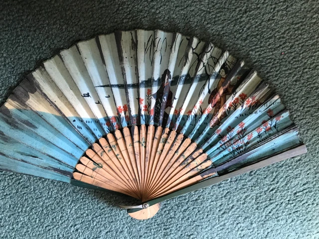 Raro Ventilatore Orientale Antico Dipinto A Mano 'Au Printemps Paris' Ereditato 35Yrs Ag0