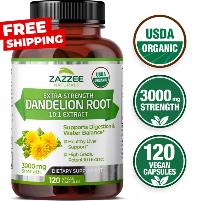 Zazzee USDA Organic Dandelion Root 10:1 Extract, 3000 mg Strength, 120 Capsules