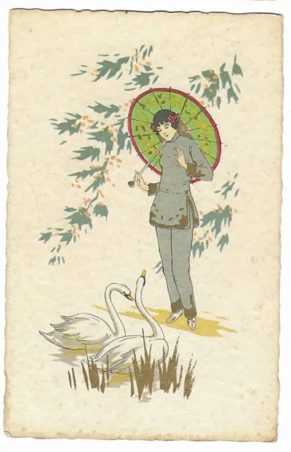 Vintage Greetings Postcard  - With Swan Bird & Asian Girl