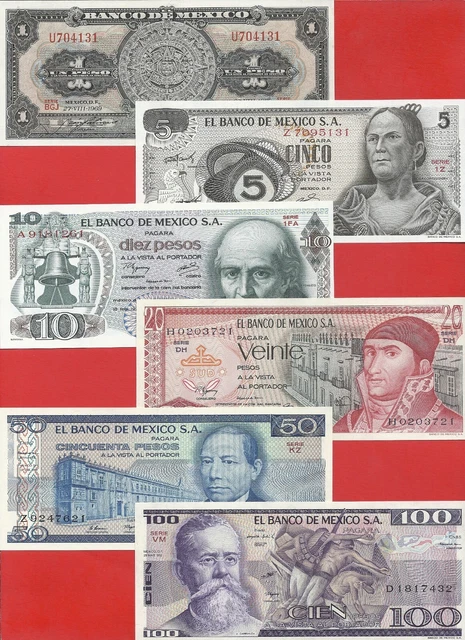 Mexico 1 5 10 20 50 100 peso 1969-82 set of 6 Uncirculated